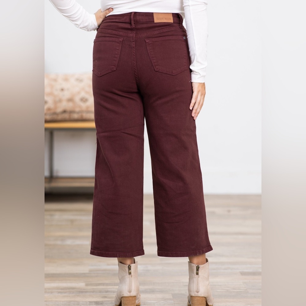 Judy Blue High Waisted Tummy Control Oxblood Red Wide Leg Cropped Jeans - Picture 4 of 11